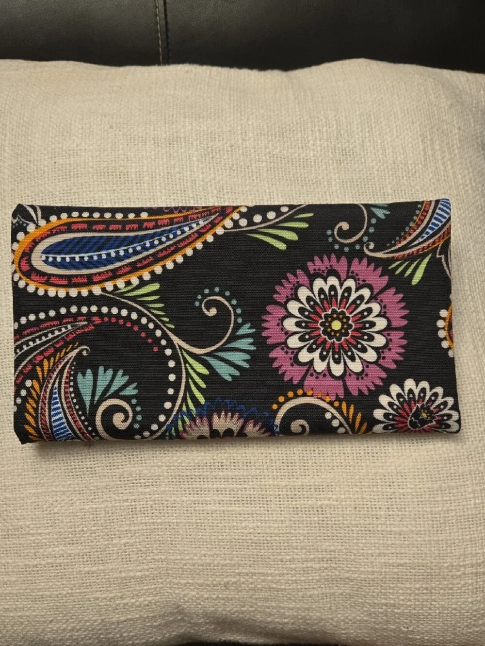 Vera Bradley Black Paisley Floral Zip Pencil/Cosmetic Case 9.75